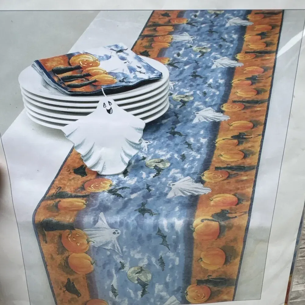 Halloween Table Runner Ghosts Pumpkins Black Cats Bats 13” wide X 6.5 Yards